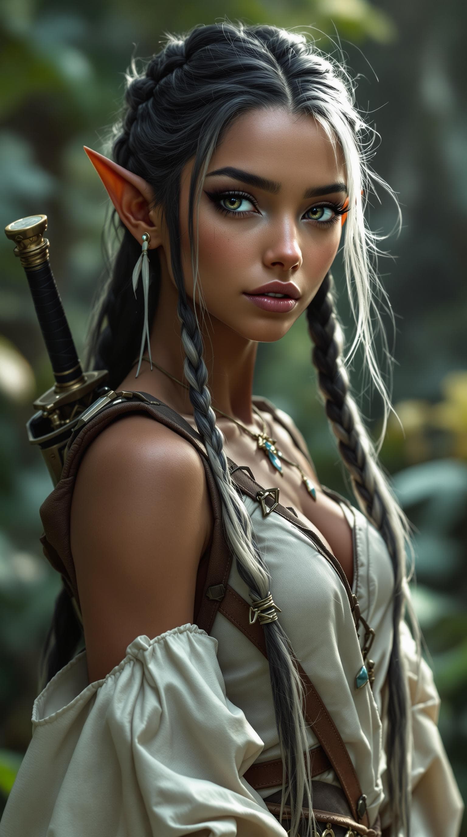 AI generated: a professional photo of a of the most beautiful forest elf girl in the world,  Safiya (futuristic),(...