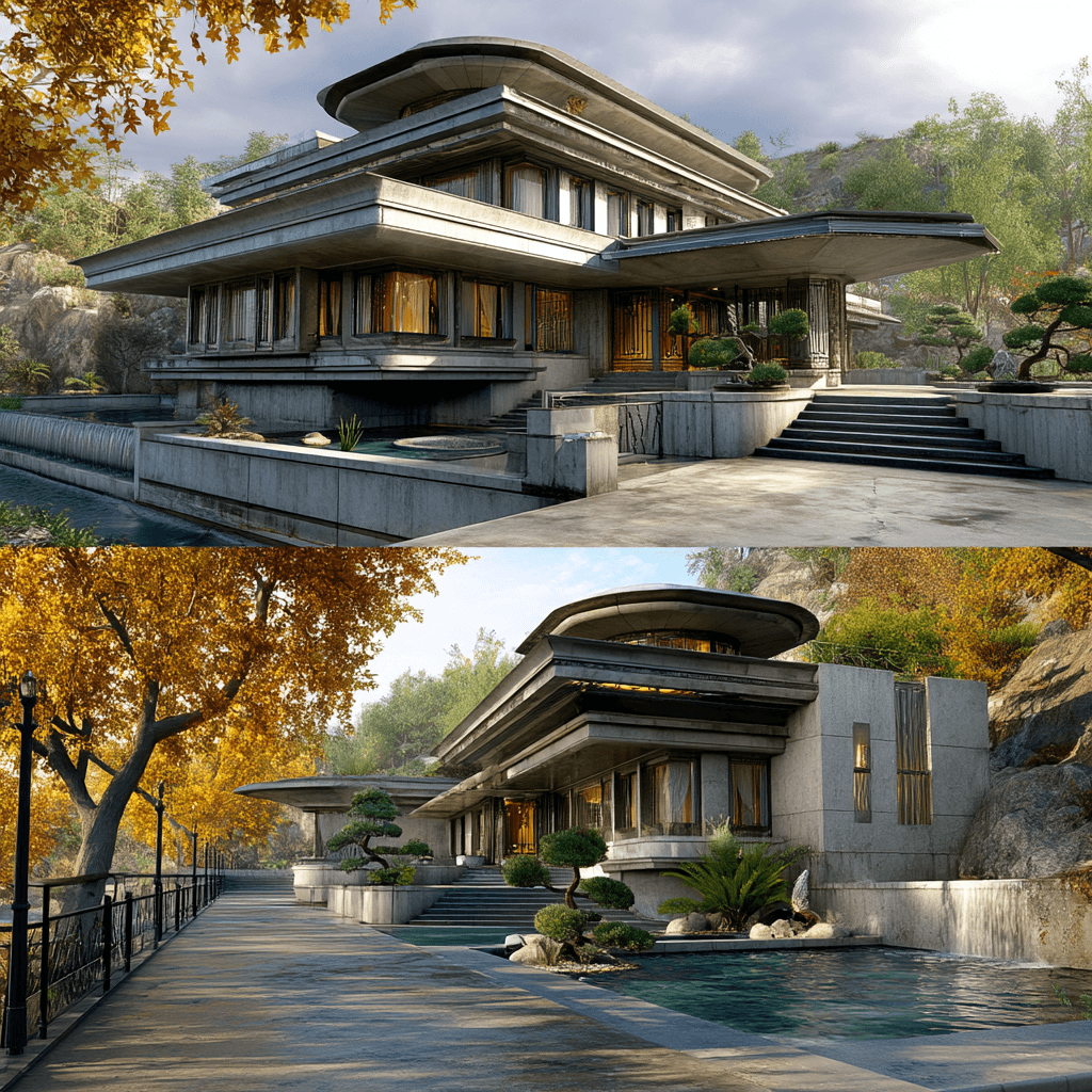AI generated: majestic mid-century modern mansion resembling a lotus flower, with layered terraces, cascading
wat...