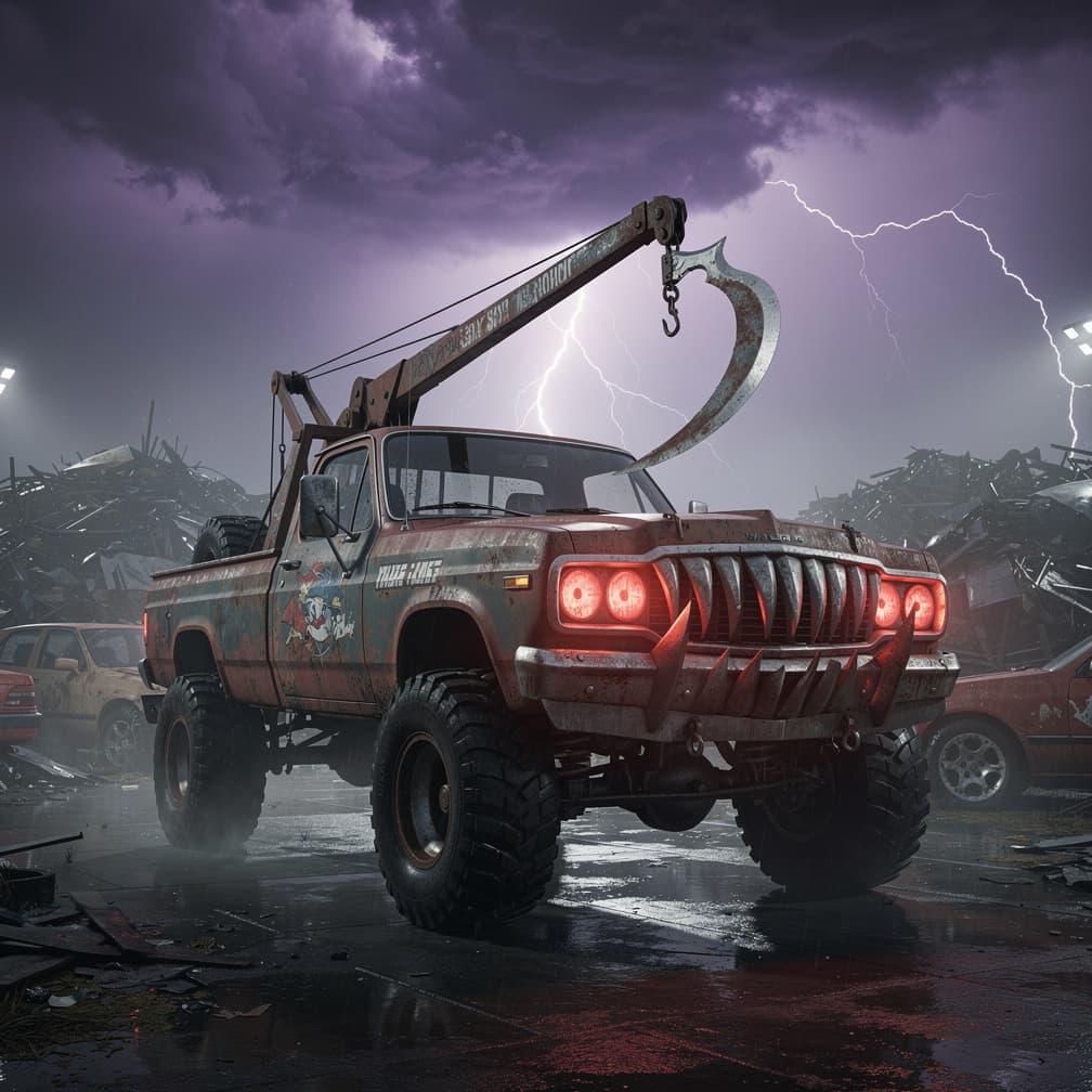 AI generated: 1970s American tow truck pickup boss, horror game vehicle, rusty metal body, giant grim reaper scyth...