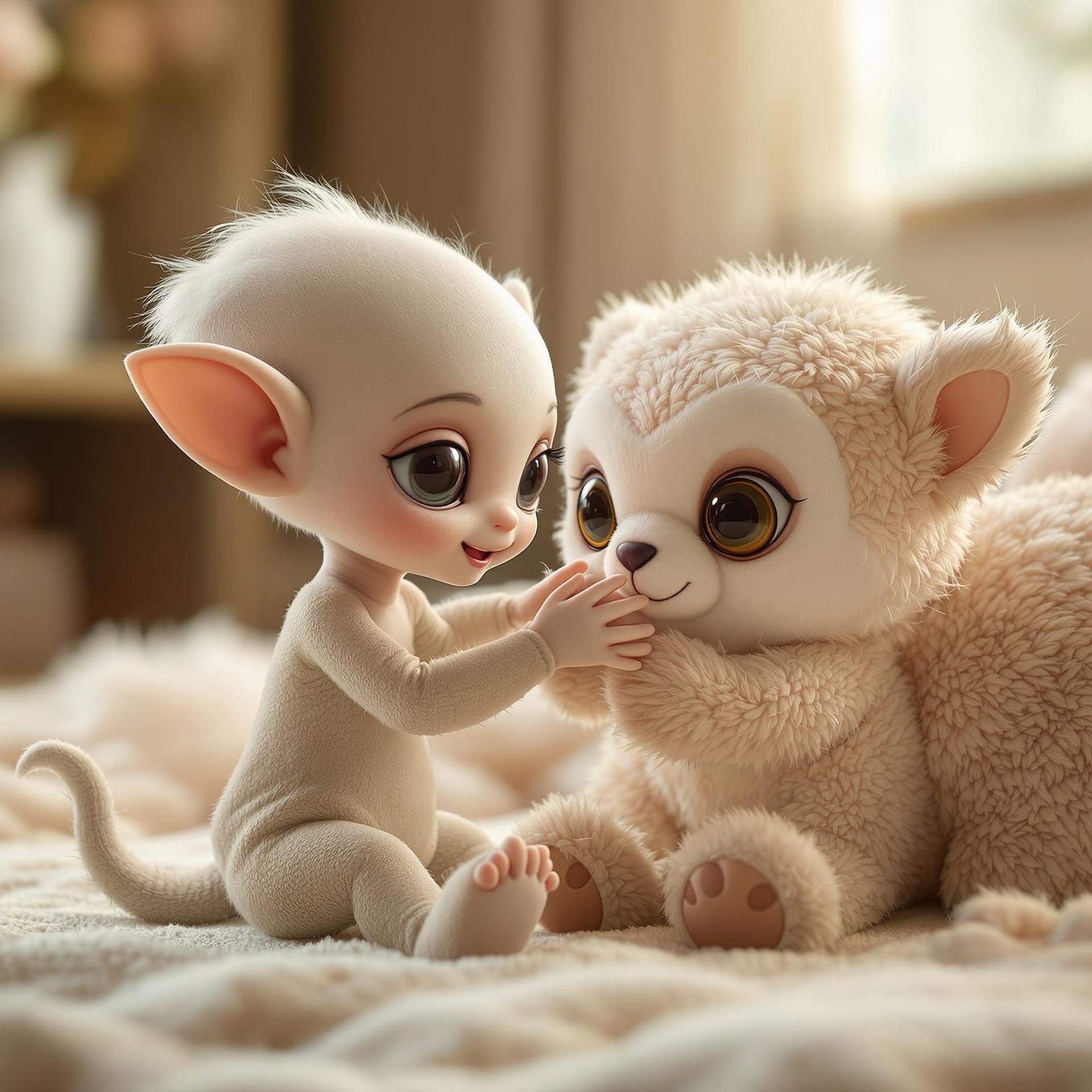 AI generated: a beautiful and cute alien  babie playing with a plush animal,the plush animal is larger than the ba...