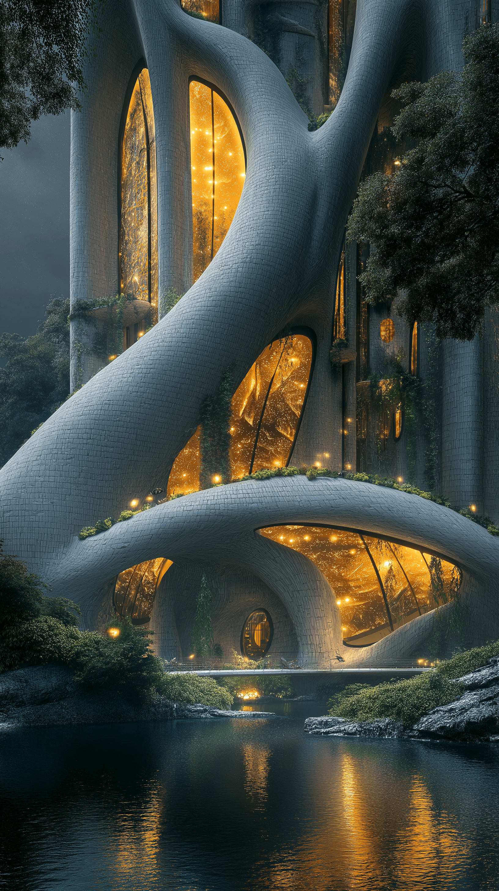 AI generated: surreal buildings, grown from natural element, dreamlike environment, featuring smooth curves and gl...