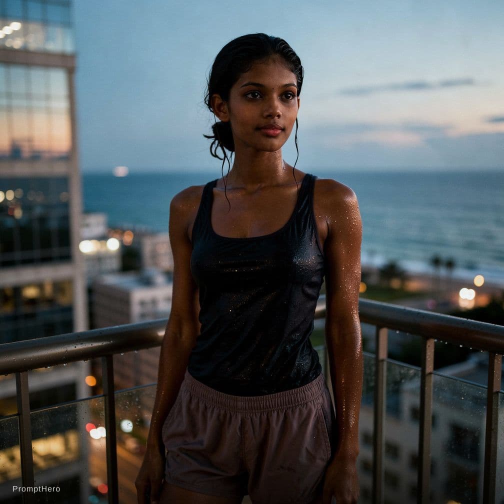 AI generated: A documentary style photograph of a young female on a high balcony just after swimming. Her long dar...