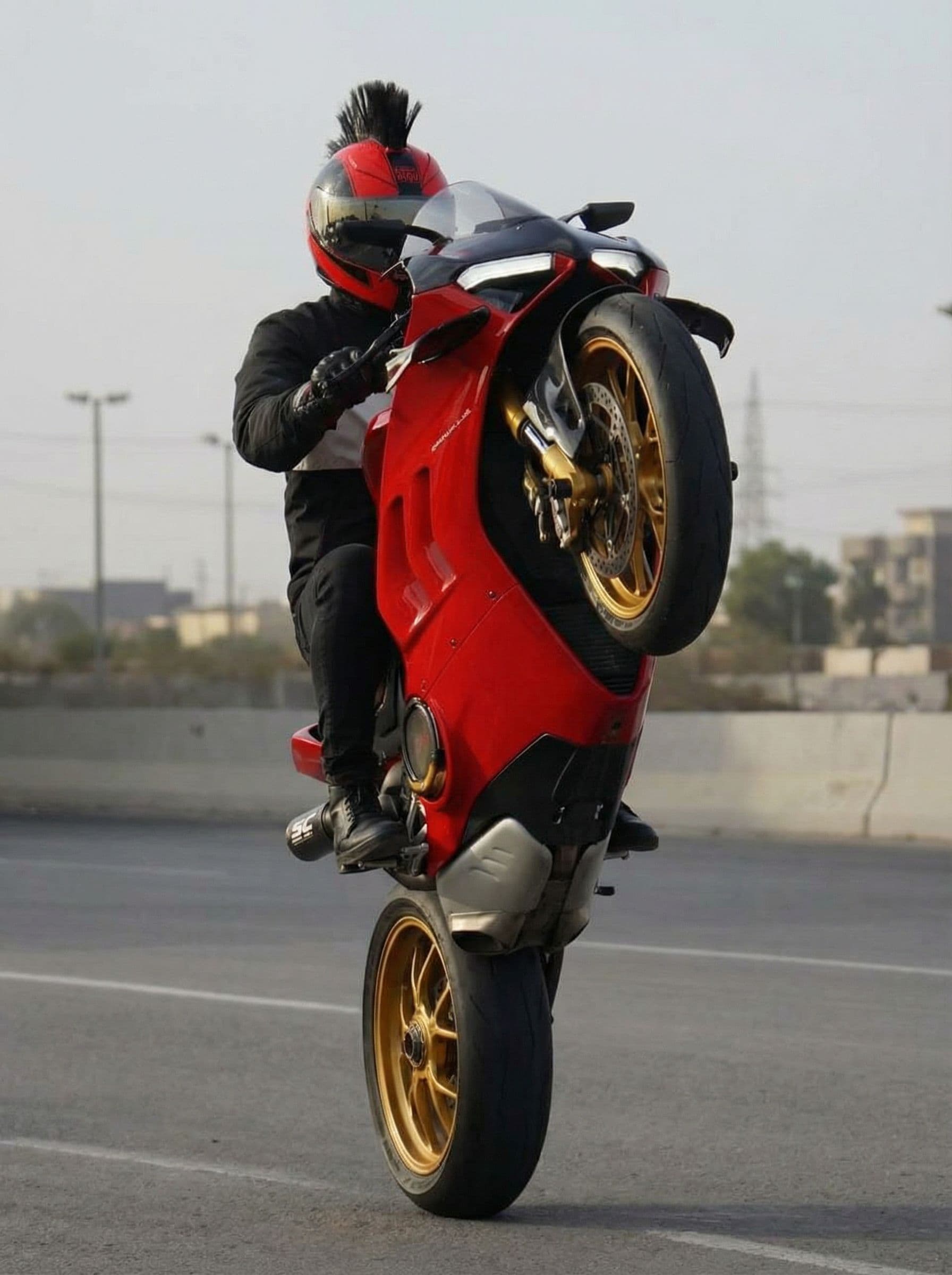 AI generated: Wheelie , bike is vertically 