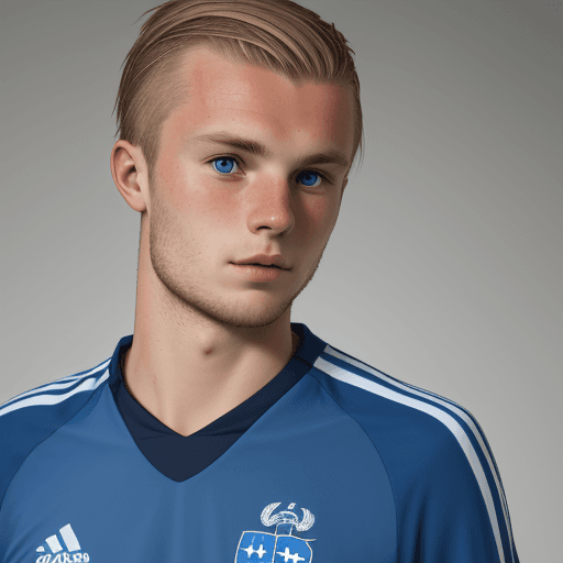 AI generated: High resolution photo of 27 yo Danish soccer player in blue soccer shirt, dark blond hair