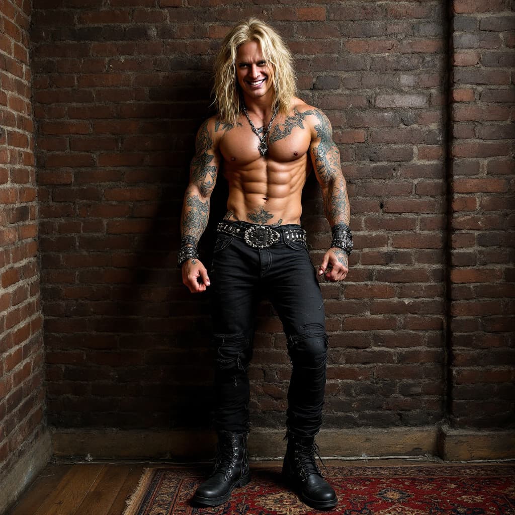 AI generated: Full body view, metal rocker, waste length wavy blond hair, triangular face, chiseled jawline, toned...