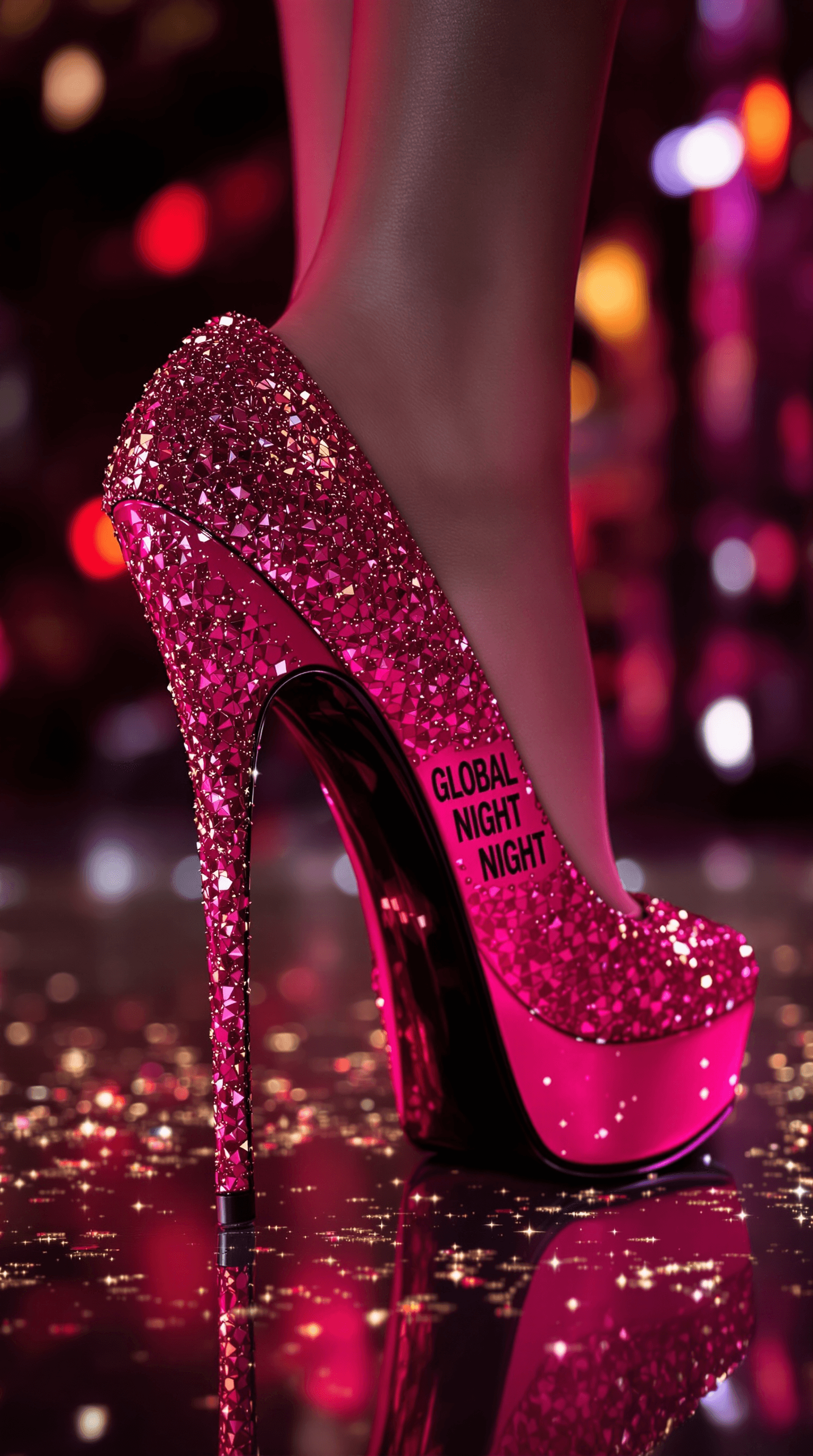AI generated: sexy extrem high high heel in color pink, on the high heel is the font "GLOBAL NIGHT"