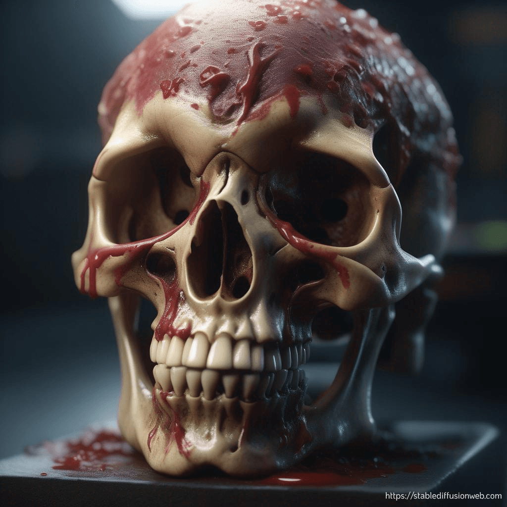 AI generated: an award winning photo of a hyperrealistic alien skull covered in blood and acid, 8k, octane render,...