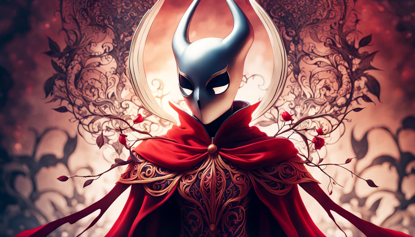 AI generated: Detailed CG unity wallpaper, close-up, Hollow Knight Hornet, epic iconic bold mask and outfit, anato...