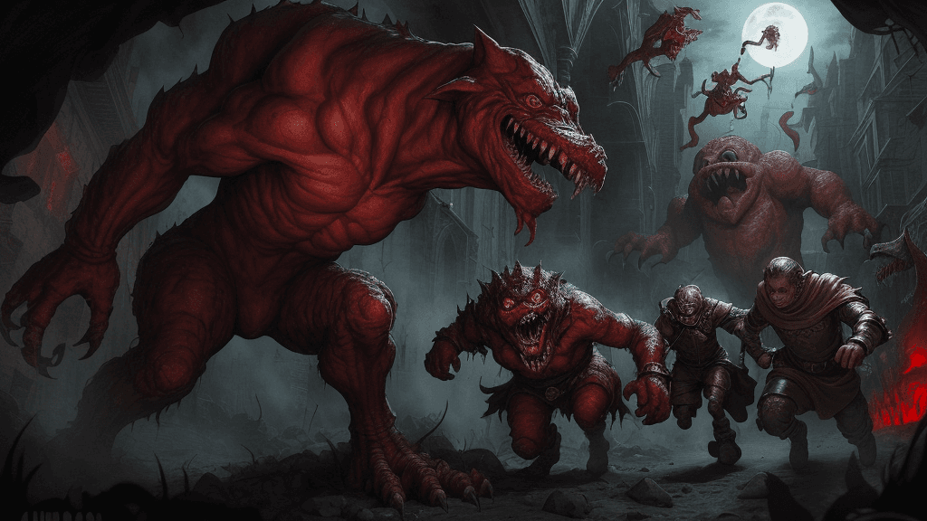 AI generated: secret underground lab, red alarms, kiro and his friends run away from hideous monsters, medieval, k...