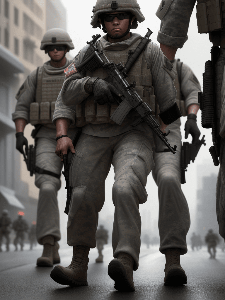 AI generated: Close up of a platoon of armed US soldiers walking on a raid street in defense position, detailed im...