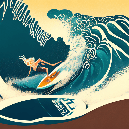 AI generated: Logo of a surfing school showing a woman with long blond hair riding a wave on a surf board, intrica...