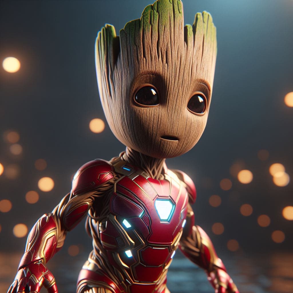 AI generated: Baby Groot of Marvel, disfrazado de ironman, masterpiece, 8K, octane render, ray-tracing