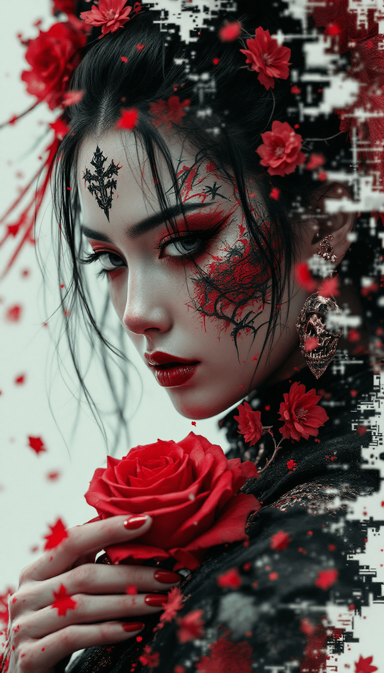 AI generated: macroview of a gothic rebel Japanese woman samurai  with red and black tattoos on face  and on her f...