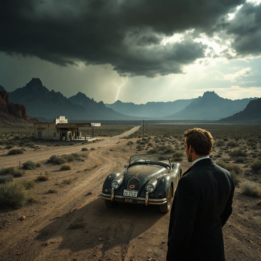 AI generated: Close-up, high-angle shot of a green-eyed man in a black 1940s suit near a dusty, dirty 1954 Jaguar ...