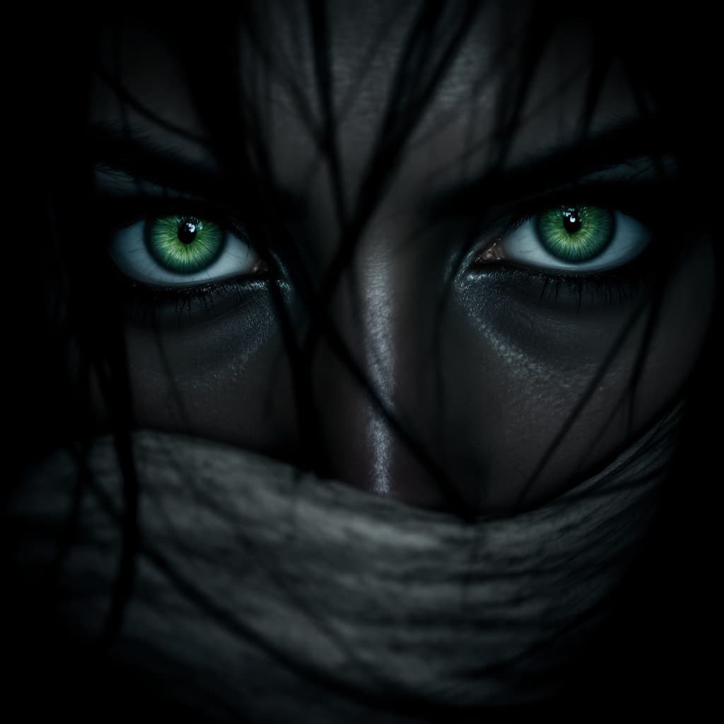 AI generated: Intense close-up of two piercing green eyes of a woman, high contrast lighting, shadows around the e...