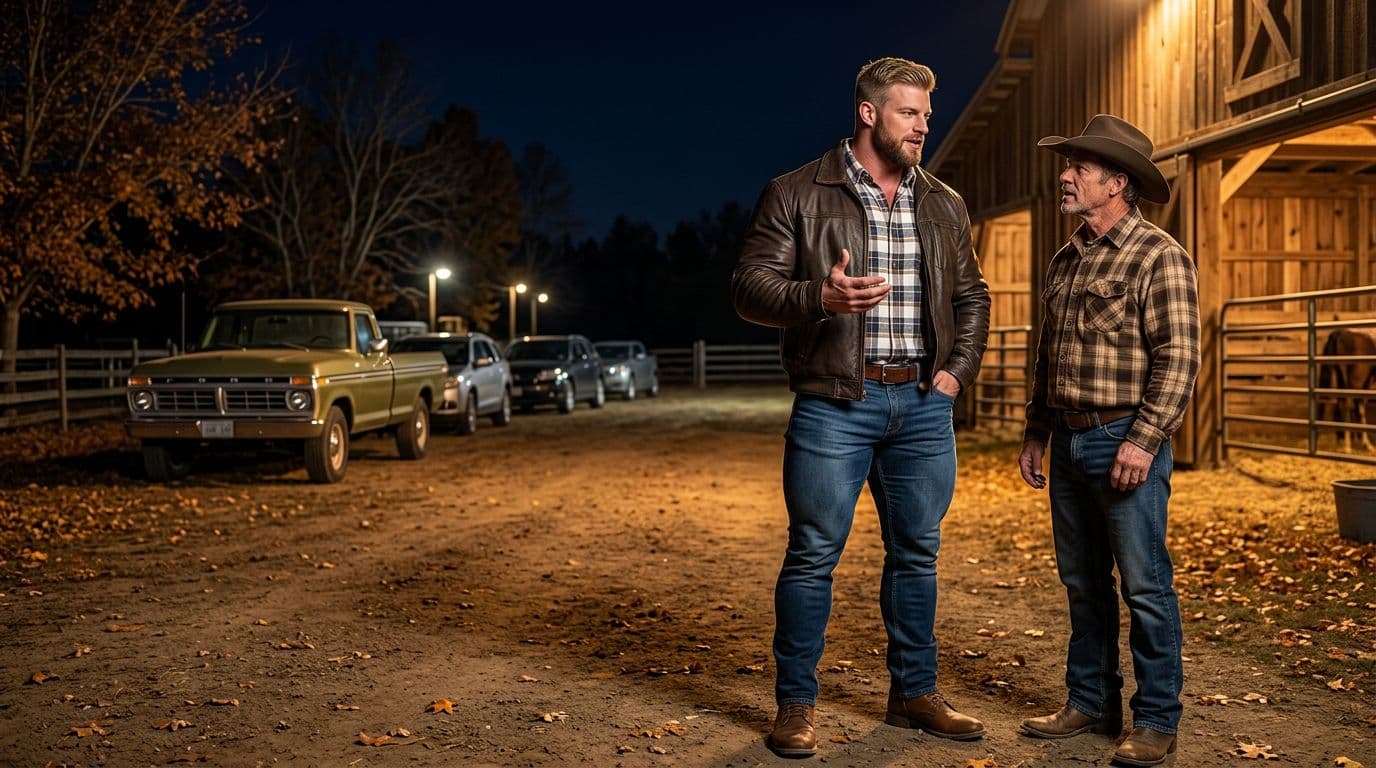 AI generated: In an Autumn night at a ranch. The vintage olive green Ford pick up truck is parked between other mo...