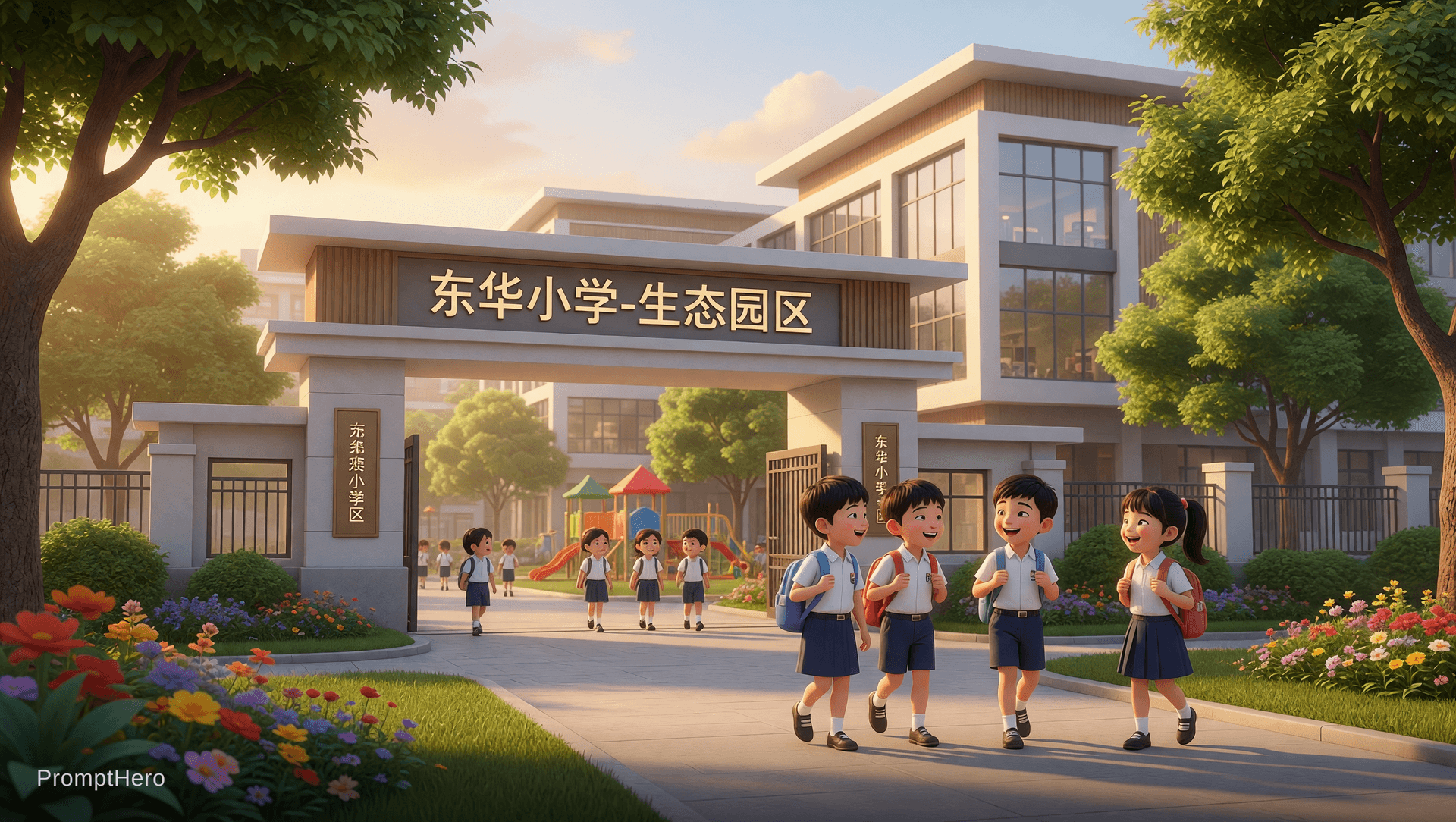 AI generated: Create an image with reference to this prompt - Name of school in Chinese texts "东华小学-生态园区“ - A beau...