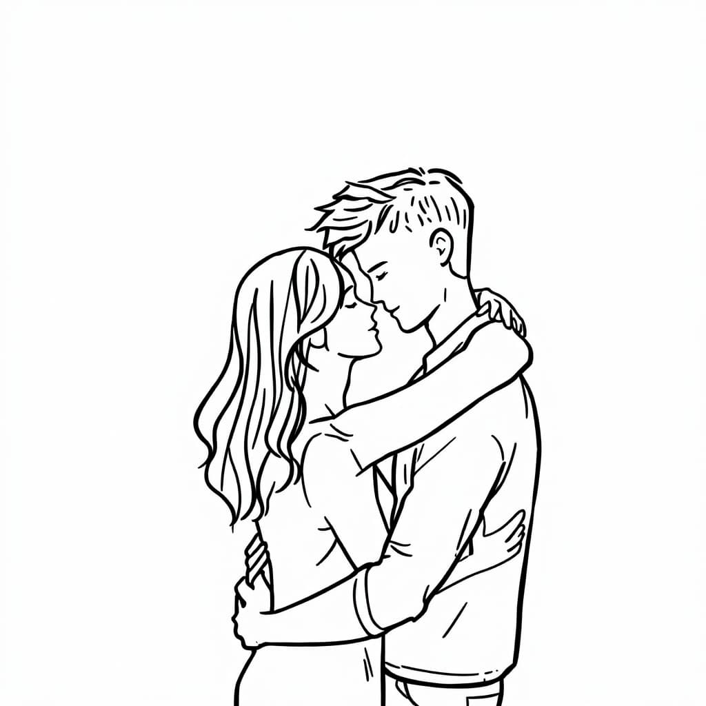 AI generated: drawing in a one-line style, a couple hugging each other, simple drawing, no colors, minimalist