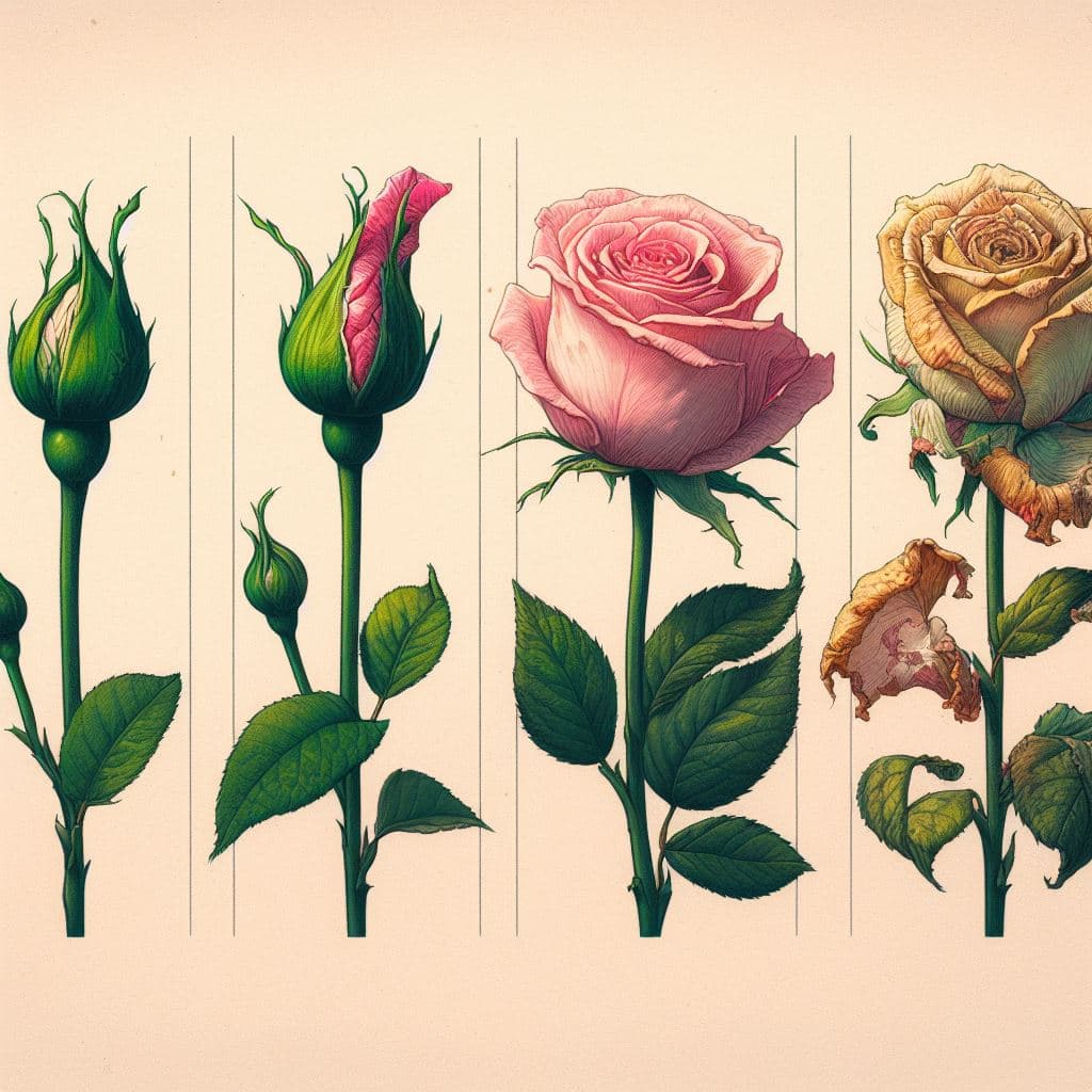 AI generated: Four images side by side illustrating the life cycle of a rose: A small, tight green bud with tiny l...