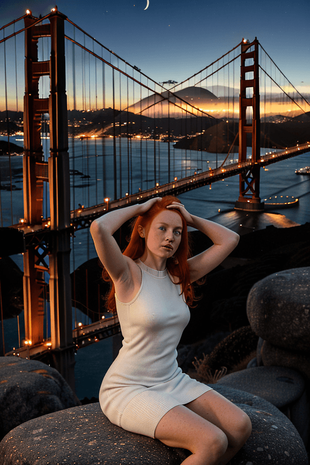 AI generated: A ginger woman in a white knit dress poses outdoors at twilight, seated on a stone surface with her ...