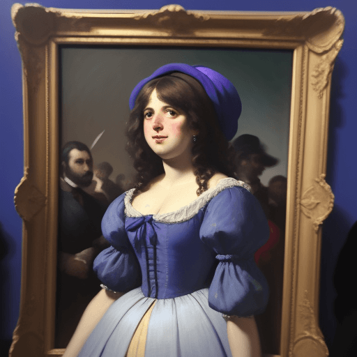 AI generated: A person in the middle of a party, old oil painting in the style of Francisco de goya, blue and purp...