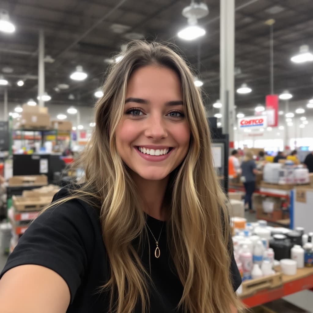 AI generated: A woman with long hair, wearing black t-shirt, in appears at camera, taking an instagram video while...