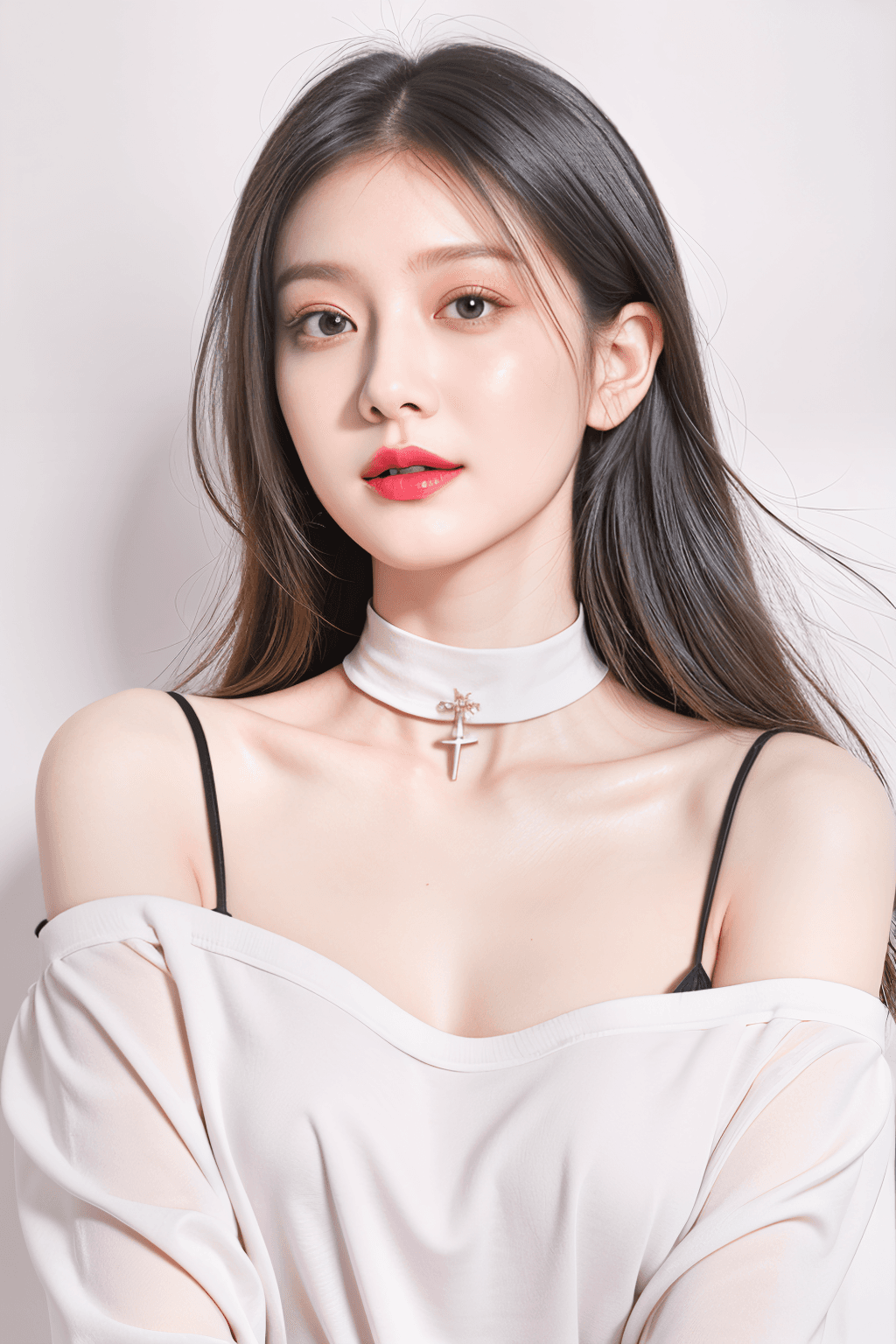 AI generated: 1girl, face, straight hair, choker, off shoulder, (black hair:1.3), white background,