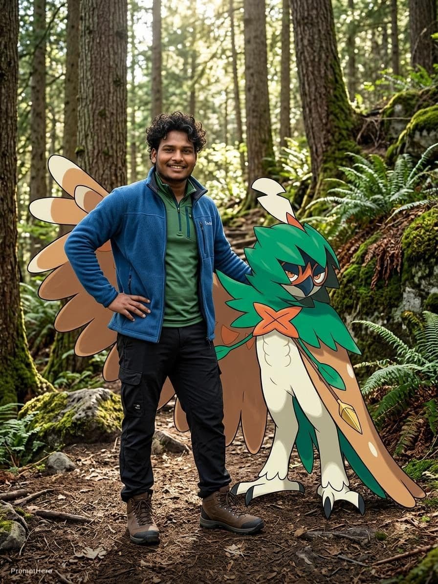AI generated: a decidueye with a trainer wearing a blue fleece a green top black walking trousers and walking boot...