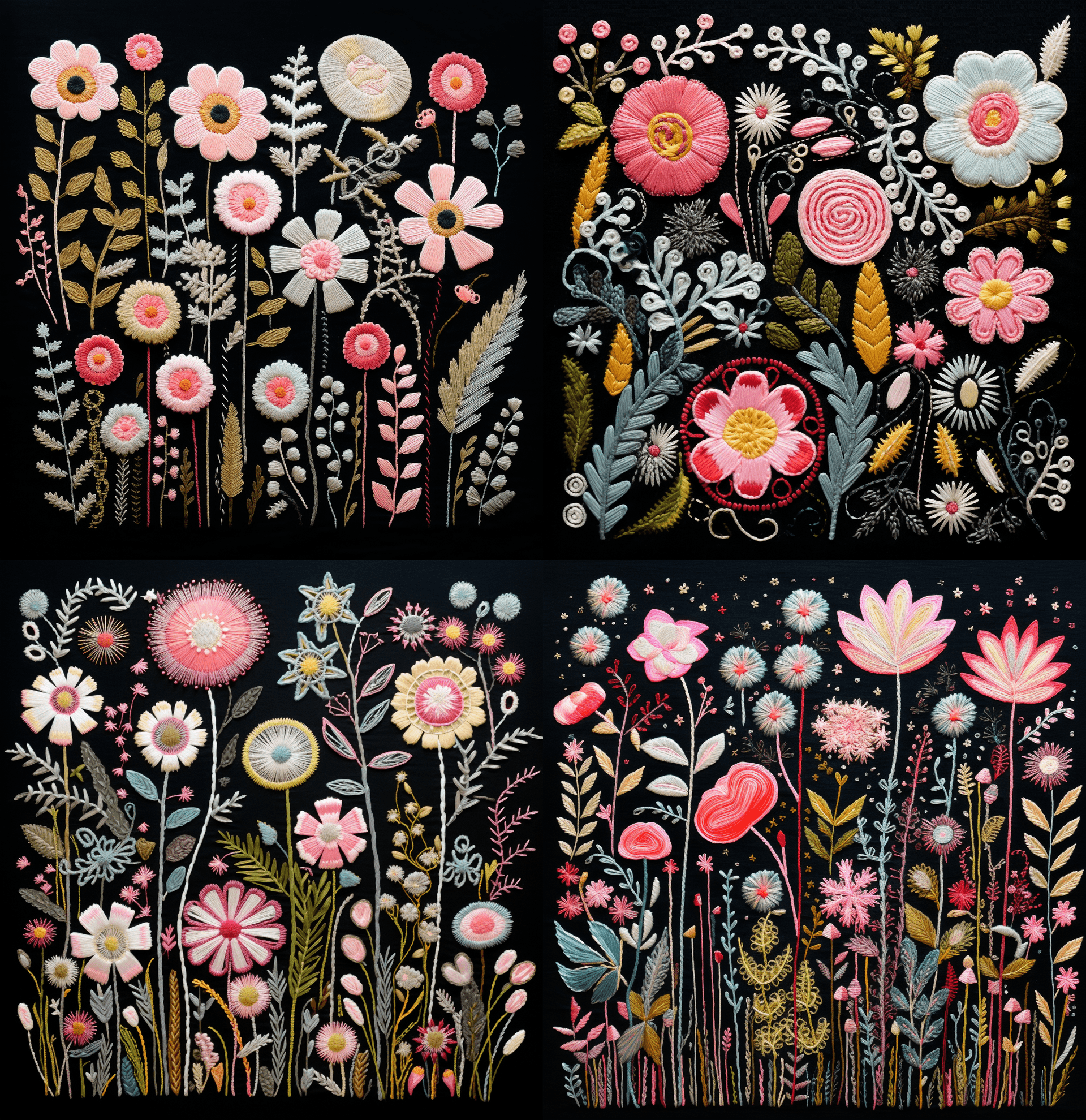 AI generated: Flat view, top view, textured embroidered painting of pink and white flowers on a black background, ...