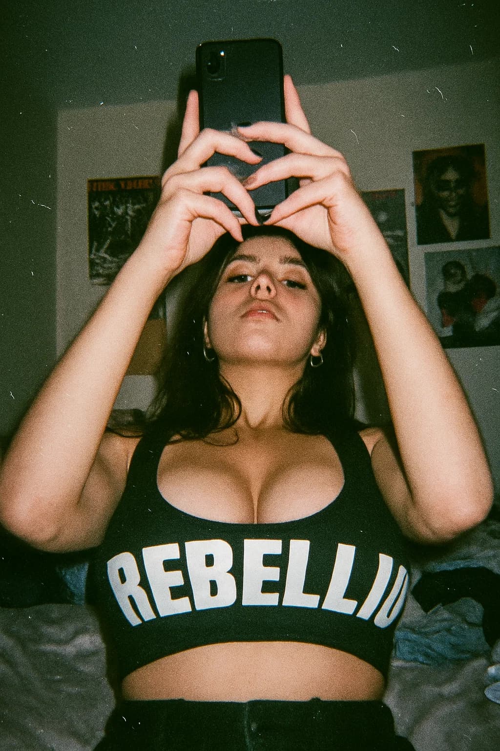 AI generated: First-person POV lo-fi disposable flash snapshot, camera resting low across the stomach, angled upwa...