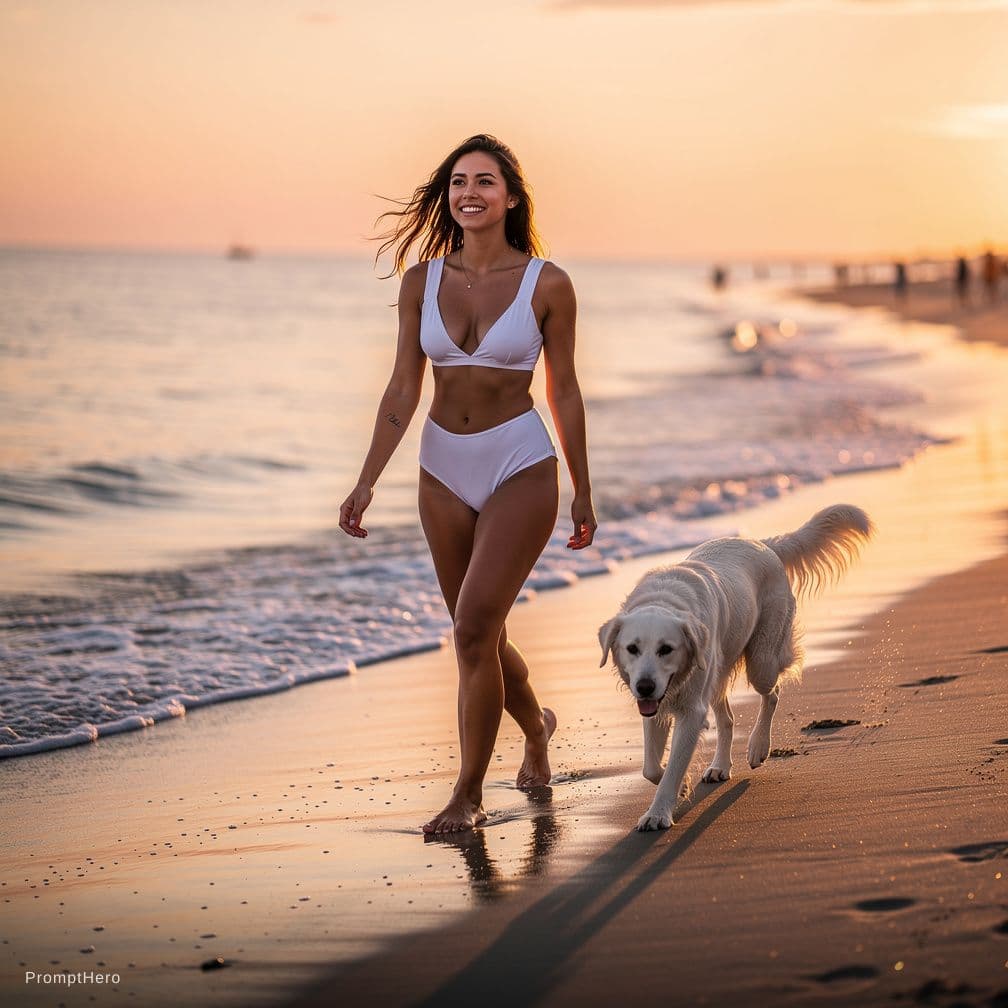 AI generated: Una hermosa chica con traje de baño color blanco de dos piezas caminando a la orilla de la playa con...