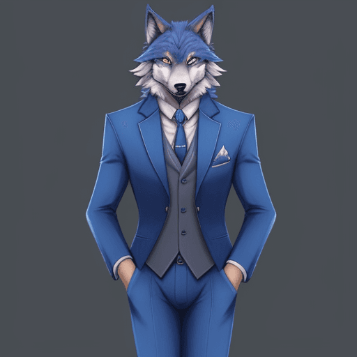 AI generated: furry, fursona, anthro, blue fur, wolf male, anthropomorphic, suit, cartoon