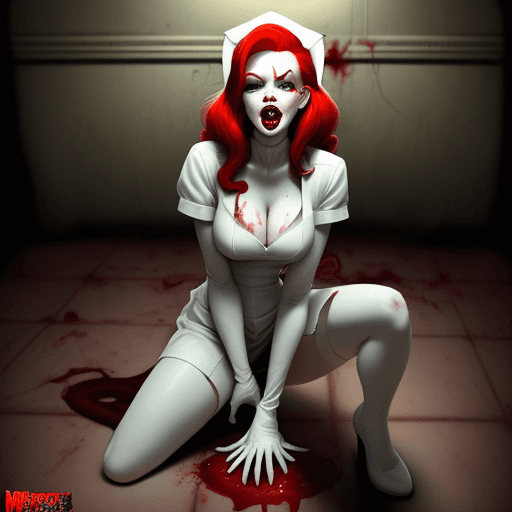 AI generated: A beautiful Jessica Rabbit style redhead  zombie nurse with milky white eyes sitting on floor of dar...