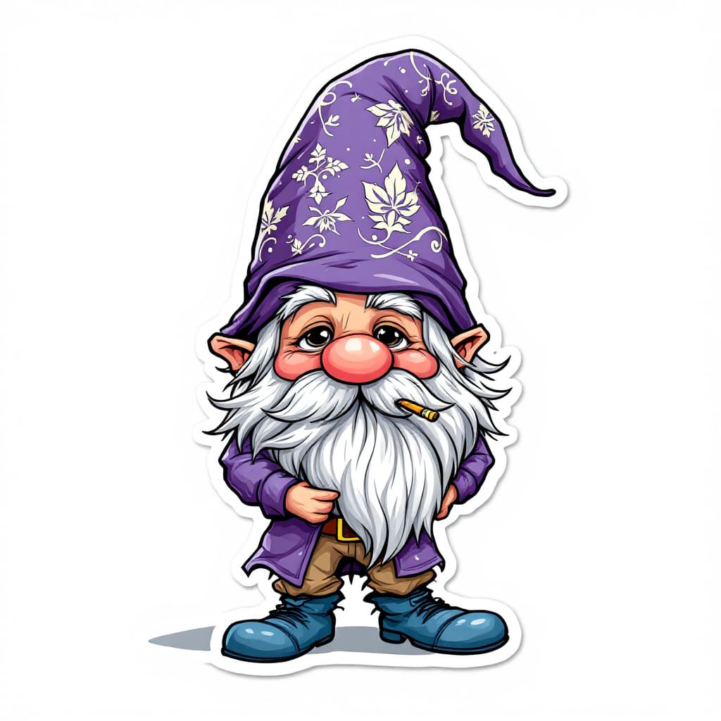 AI generated: A highly detailed full-body cartoon sticker of a whimsical gnome character. The gnome is wearing a v...