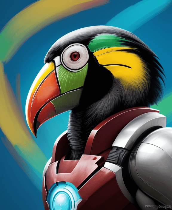 AI generated: Freeze the vibrant and exotic face of a toucan iron man, focusing on the colorful beak and the curio...
