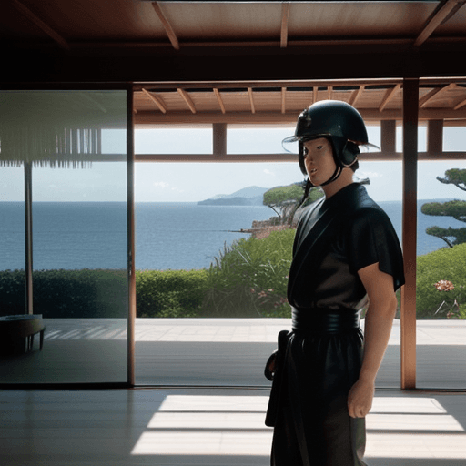 AI generated: Samurai with a motorcycle helmet, standing sideways to the front, logo, Hyper realistic eye level ex...