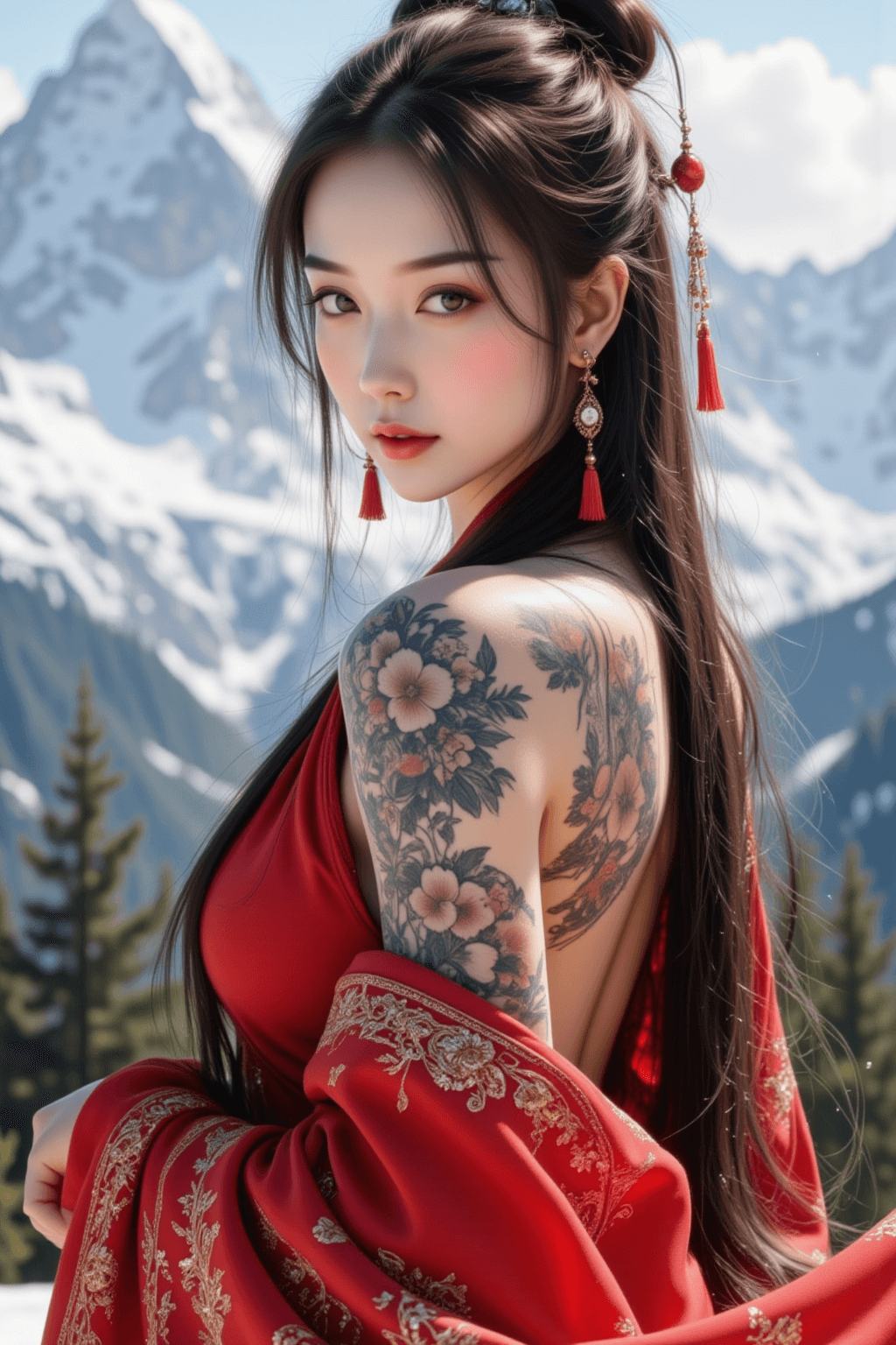 AI generated: Create a stunning portrait of an elegant Asian woman, with a snow-covered mountain in the background...