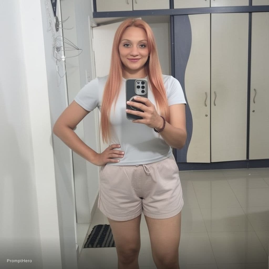 AI generated: Create image in paded push up bra and panty with long straight light red hair 