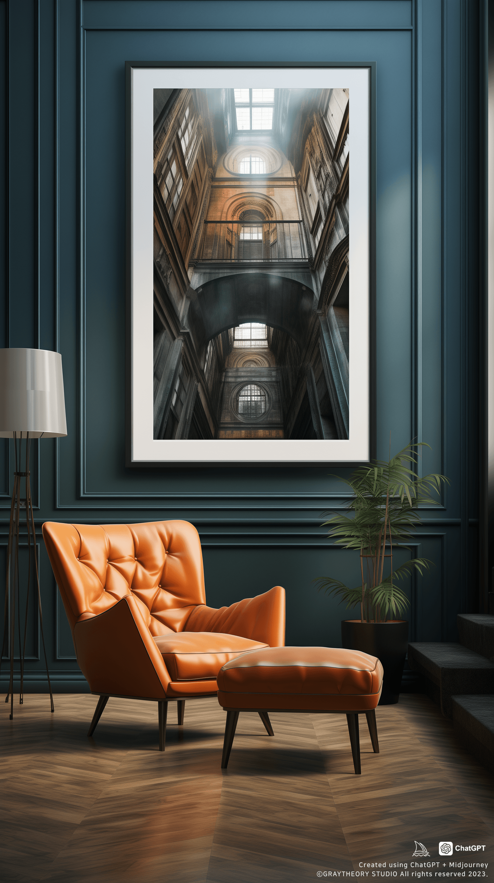 AI generated: eye level, photo, bar, minimalistic interior, abstract large art frame, office snapshot, frame magaz...