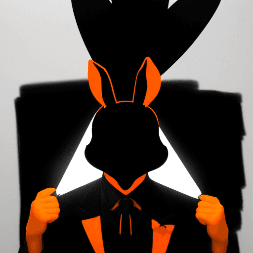 AI generated: make me photo of magician with rabbit faceless and use only 2 colour  - black and orange . face must...