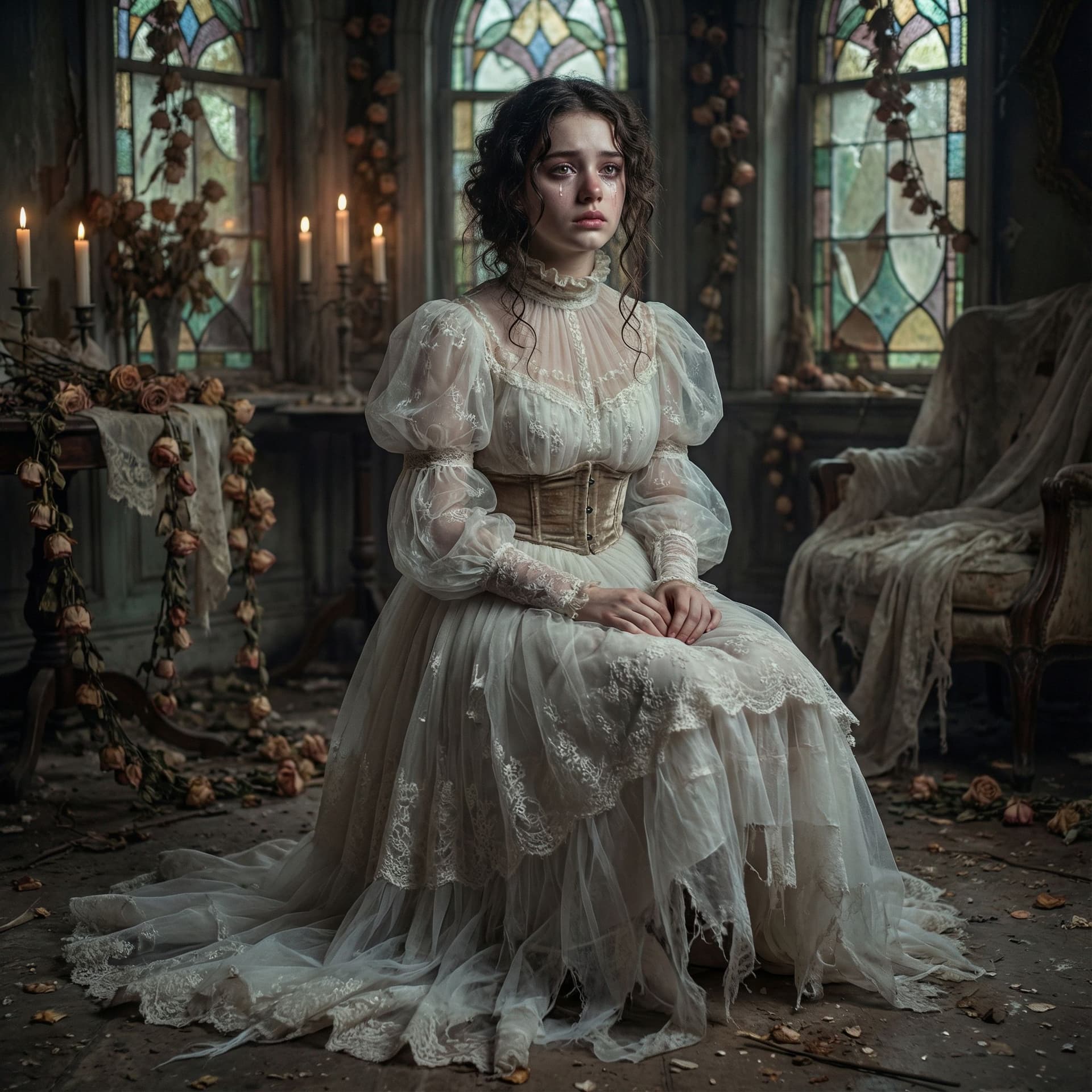 AI generated: Gothic romantic fashion for young women, translucent white dress, high lace collar and puffed sleeve...