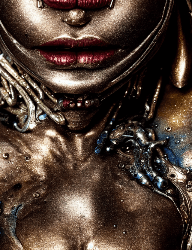 AI generated: Cyborg, front view, metallic skin, melting into the patinated background, brilliant modern abstract ...