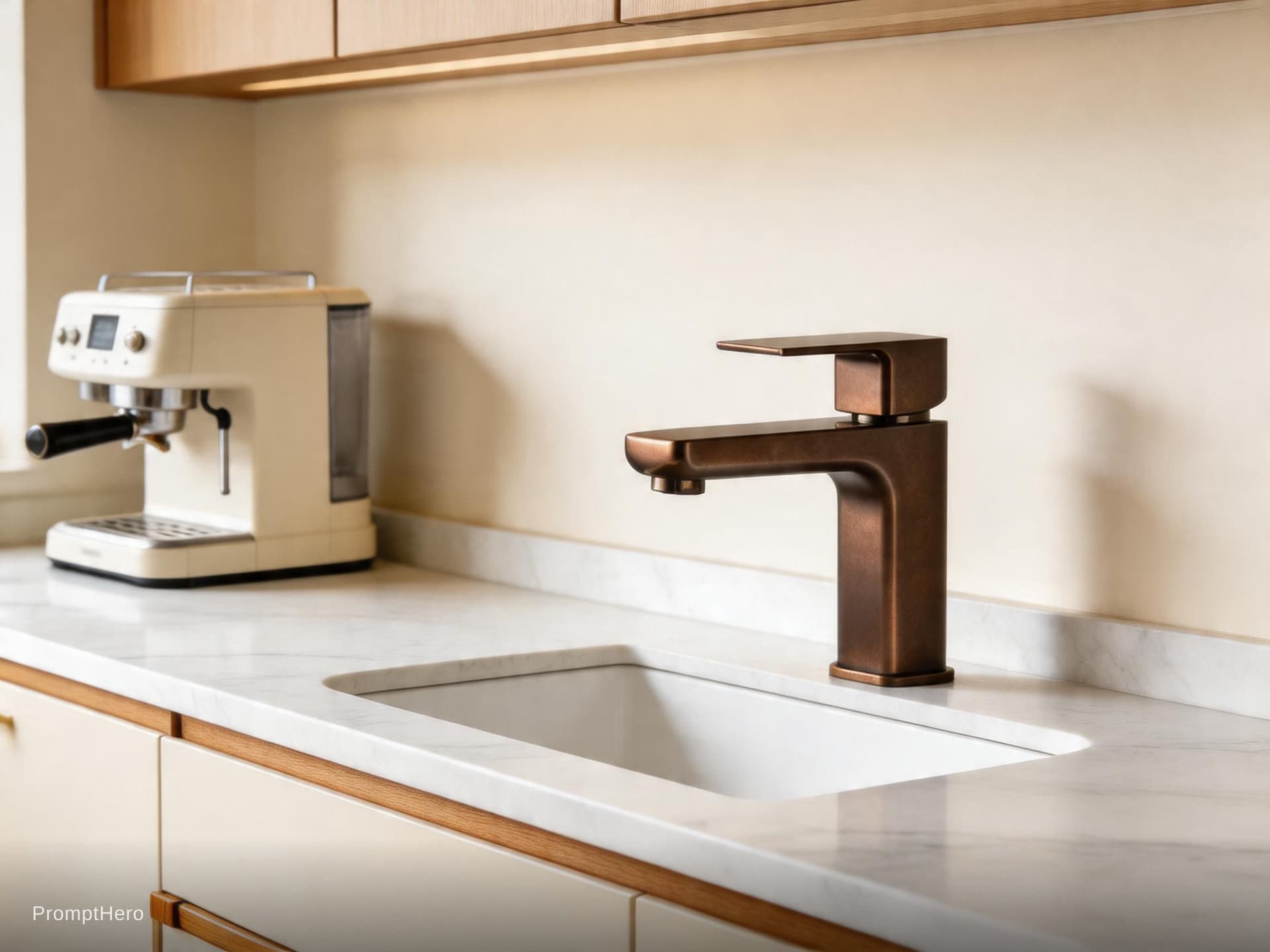 AI generated: modern kitchen, sleek eggshell light beige finishes, with a beige and wood, white marble, EF 24mm f/...