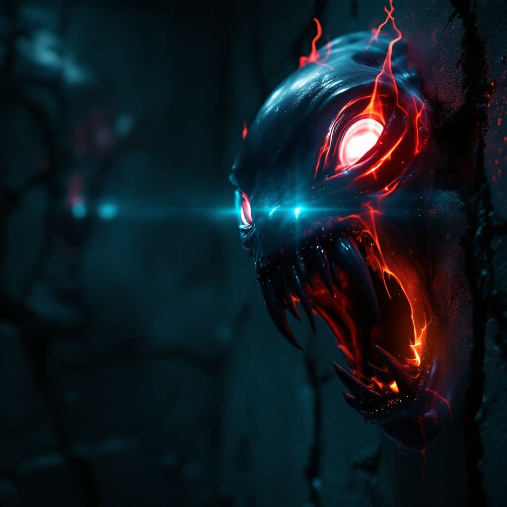 AI generated: A wicked alien with neon glowing eyes in a corner of a room, roaring, gnarling, mouth salivating, sh...