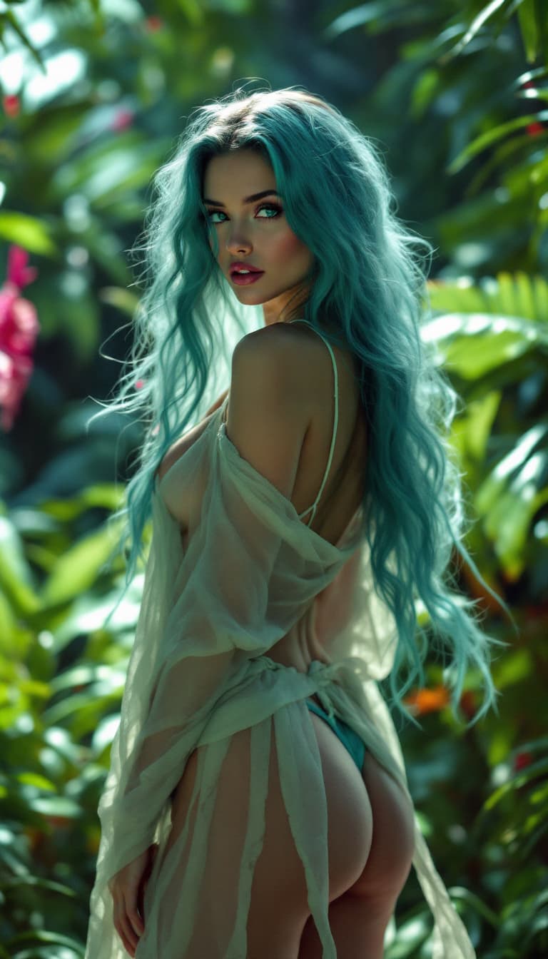 AI generated: A photo portrays an enchanting woman, her skin glowing with a soft luminosity, in an alluring stance...