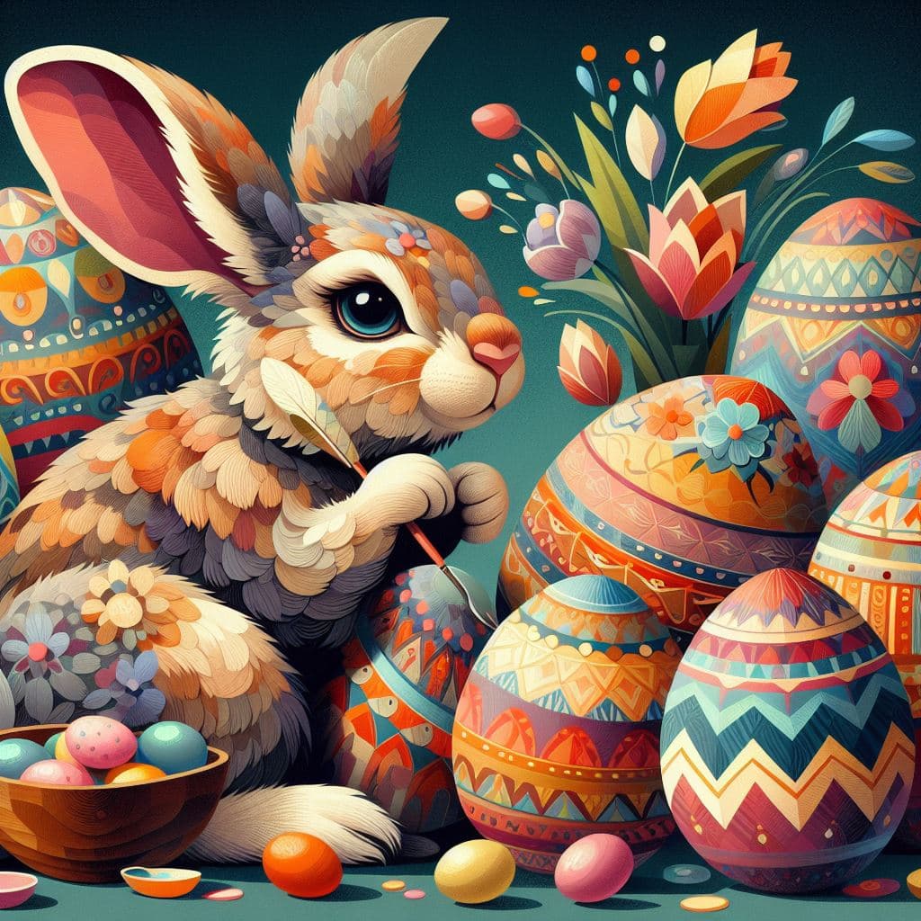 AI generated: Easter hare painting easter eggs, cubism style, Picasso