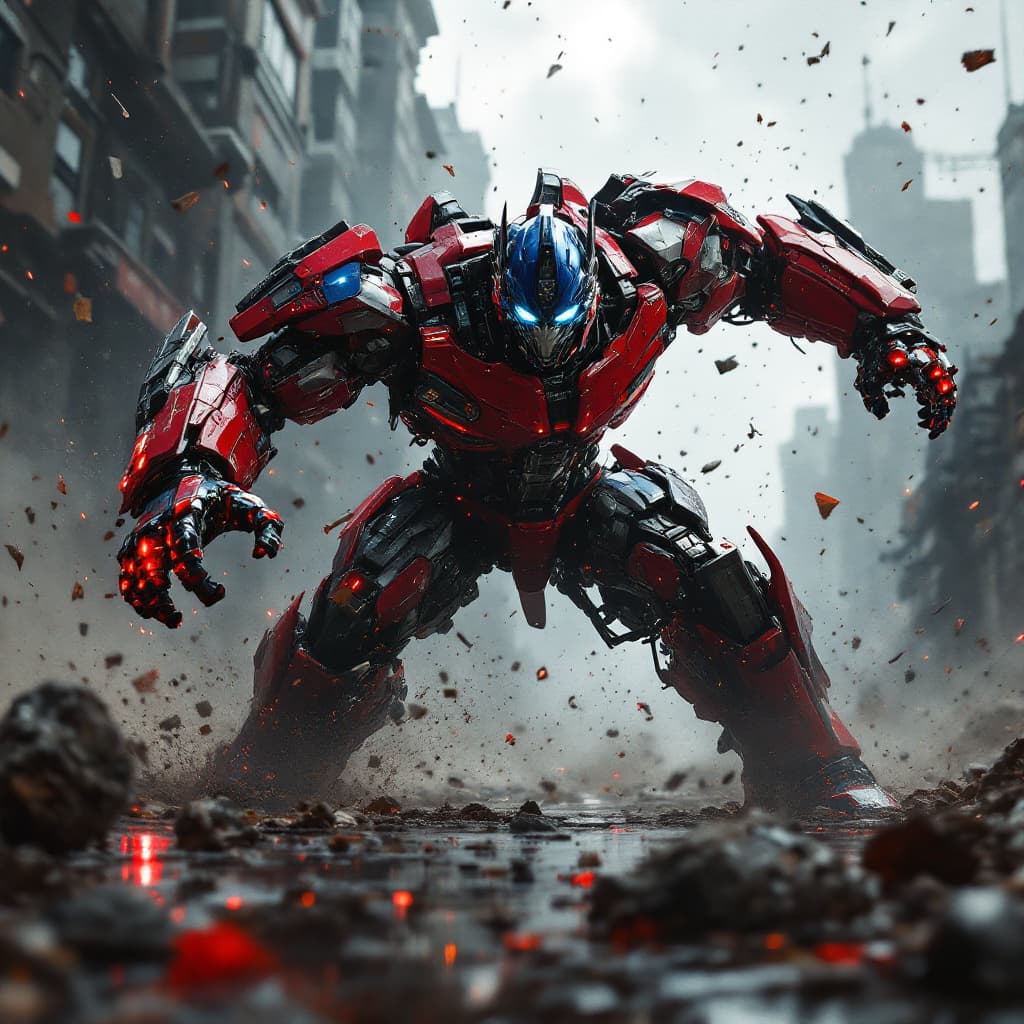 AI generated: painting style, urbanpunk, low angle shot, a cybernetic samurai Optimus Prime in a post-apocalyptic ...
