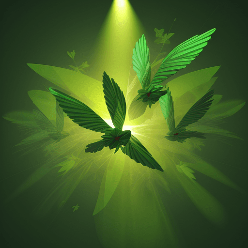 AI generated: abstract 3D shape flying parots, foliage and flowers incorporated, light emitting, green background