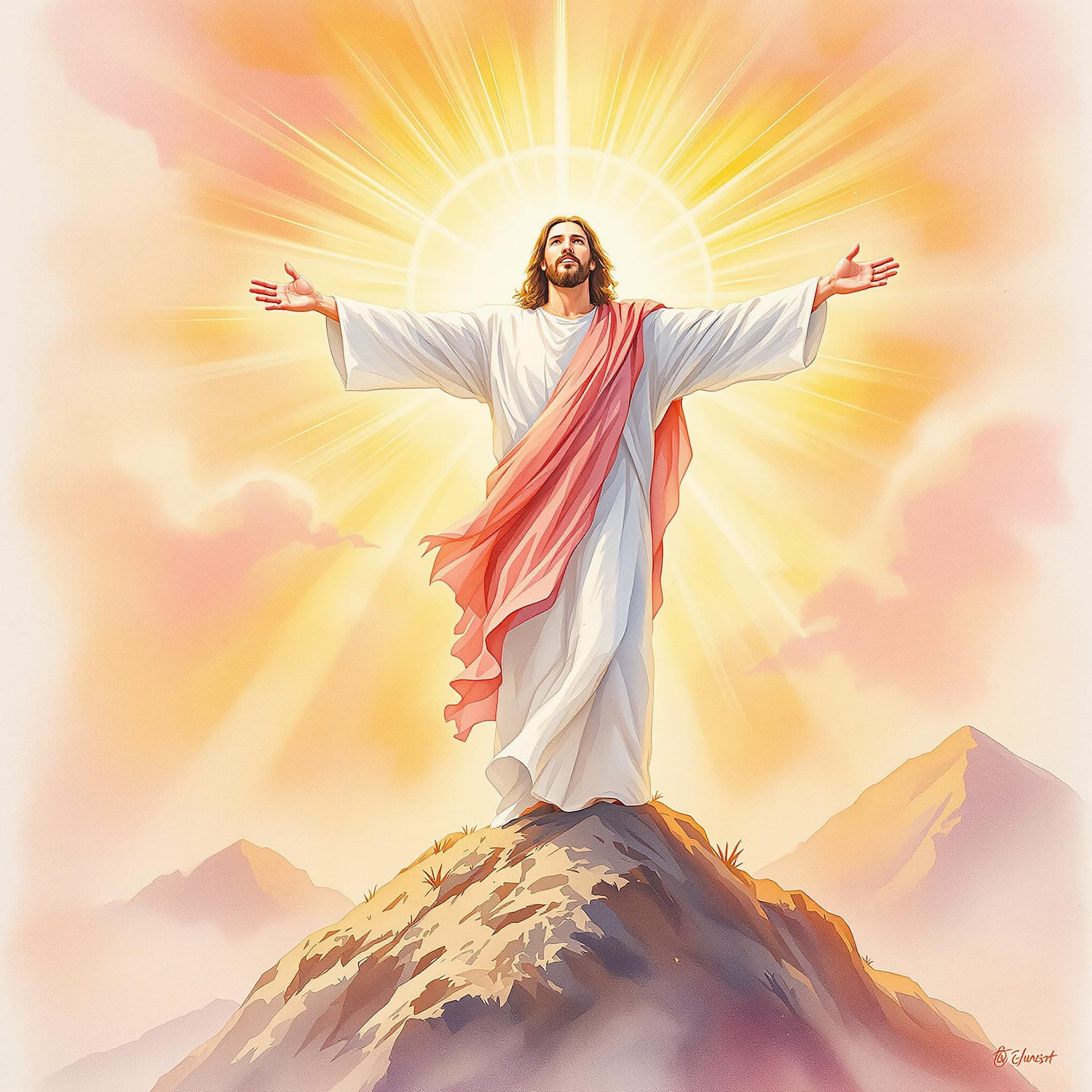 AI generated: A watercolor painting of Jesus Christ standing on a mountain, arms outstretched, with a golden sunri...