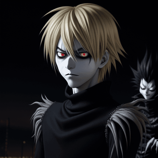 AI generated: Ryuk from death note with long bangs and shoulder-length blond hair stands in the foreground of the ...